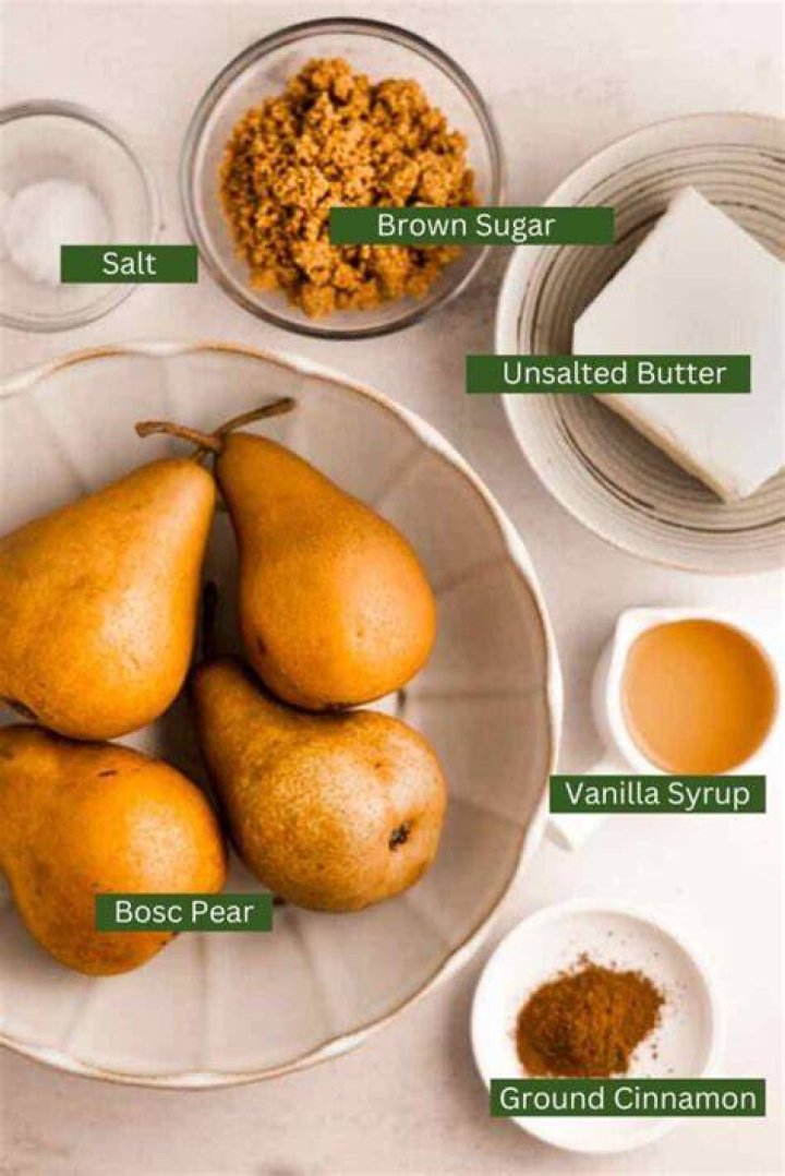 Ingredients for Baked Pears (pears, honey, vanilla, butter, juice)